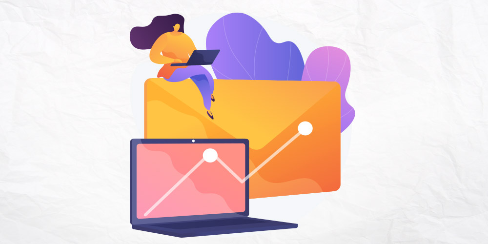 ilustração-de-mulher-sentada-em-cima-de-envelope-laranja-simbolizando-chegada-de-e-mail-marketing