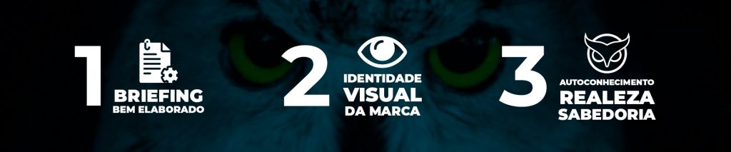 Banner com uma imagem de coruja, ao fundo, sob filtro de cor preto. Vemos só os olhos amarelados da coruja. São três blocos de texto, com os números de um a três. O um, à esquerda, tem um vetor de um documento com um símbolo de engrenagem e o texto Briefing bem elaborado; o dois, ao centro, um vetor de olho e o texto Identidade visual da marca; o três, à direita, o vetor do logotipo da marca e as palavras autoconhecimento, realeza e sabedoria, que representam a marca.
