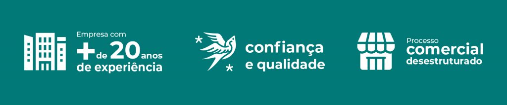 Em fundo azul esverdeado, temos três blocos de vetores e palavras. À esquerda, um conjunto de prédios e as palavras Empresa com + de 20 anos de experiência. No meio, um pássaro com duas estrelas no canto superior esquerdo e inferior direito e as palavras Confiança e qualidade. À direita, um ícone que remete a uma loja física e as palavras Processo comercial desestruturado.